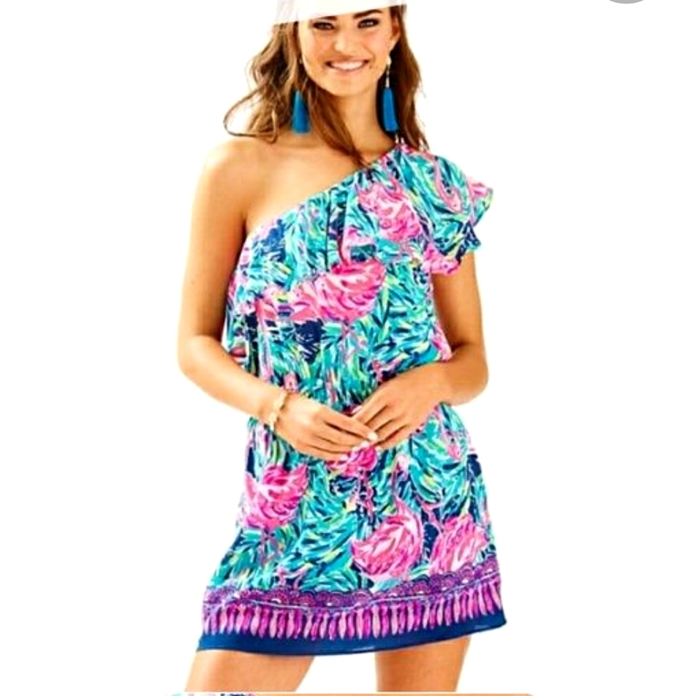 Lilly Pulitzer One Shoulder Flamingo Romper Dress